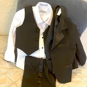 Toddler boy’s Size 2 three-piece tuxedo + 3T tuxedo shirt with black studs